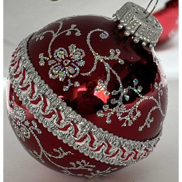 Vtg Lot of 4 Krebs Red Silver Glitter Floral Victorian Ornaments Ribbon Glass - Picture 11 of 12